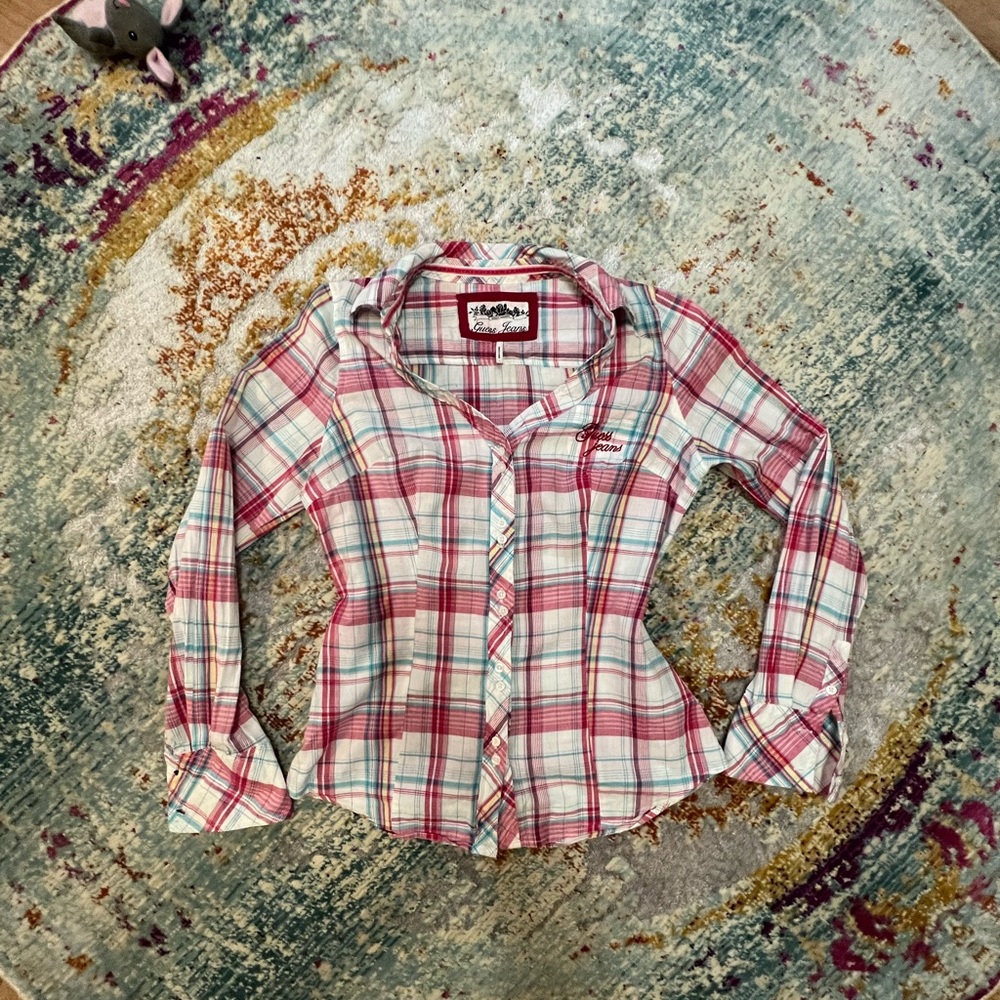 Guest Pink Plaid Western Button Up Blouse with Embroidery Details